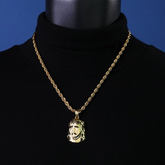 14k Gold Jesus Face Pendant + Necklace